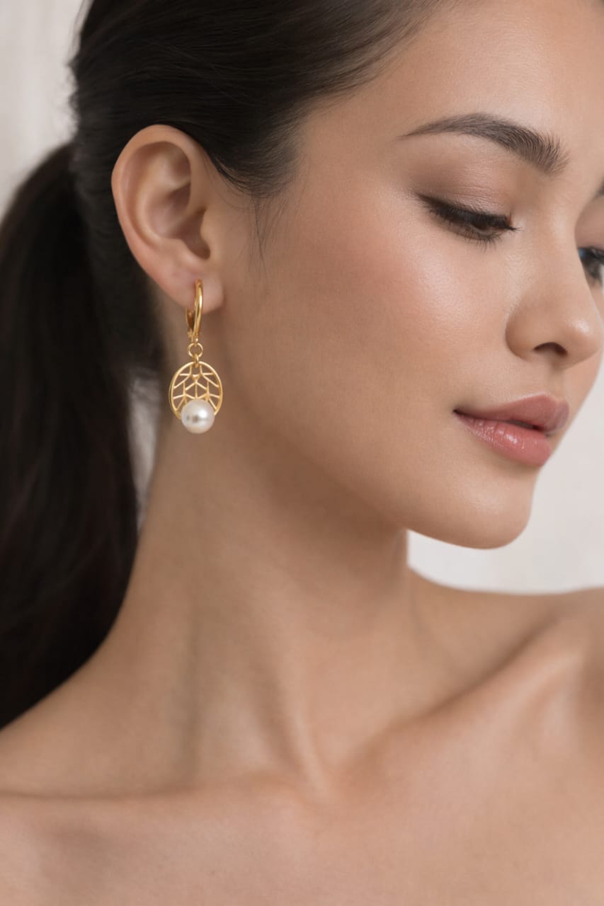 Geometric Lattice Pearl Drop Earrings