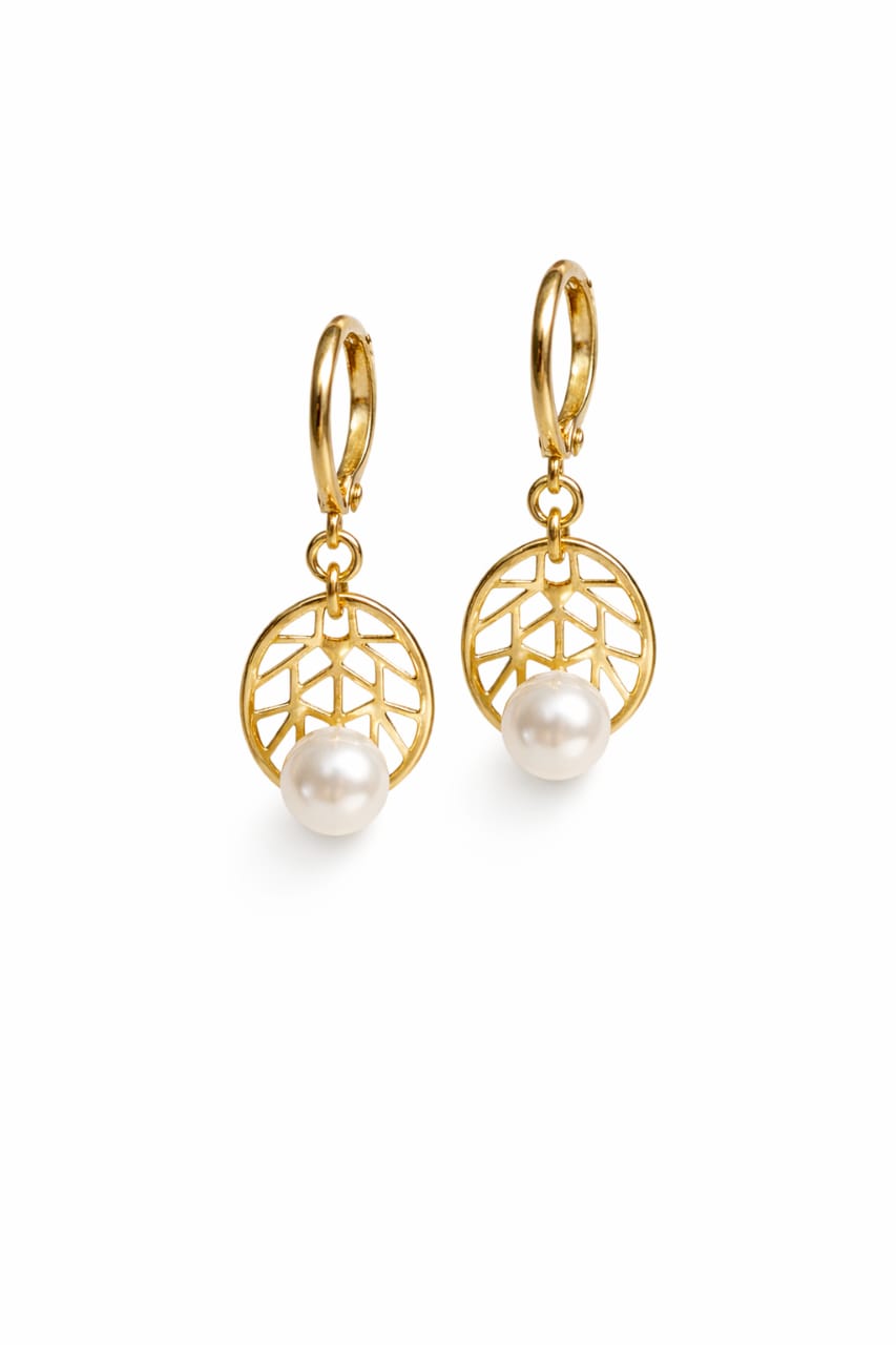 Geometric Lattice Pearl Drop Earrings