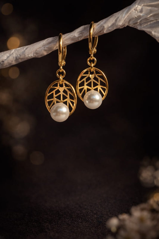 Geometric Lattice Pearl Drop Earrings
